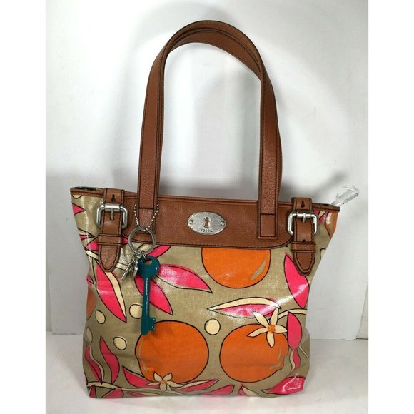 Fossil Multicolor Coated Canvas Orange Fruit Tote Shoulder Bag - Picture 1 of 12